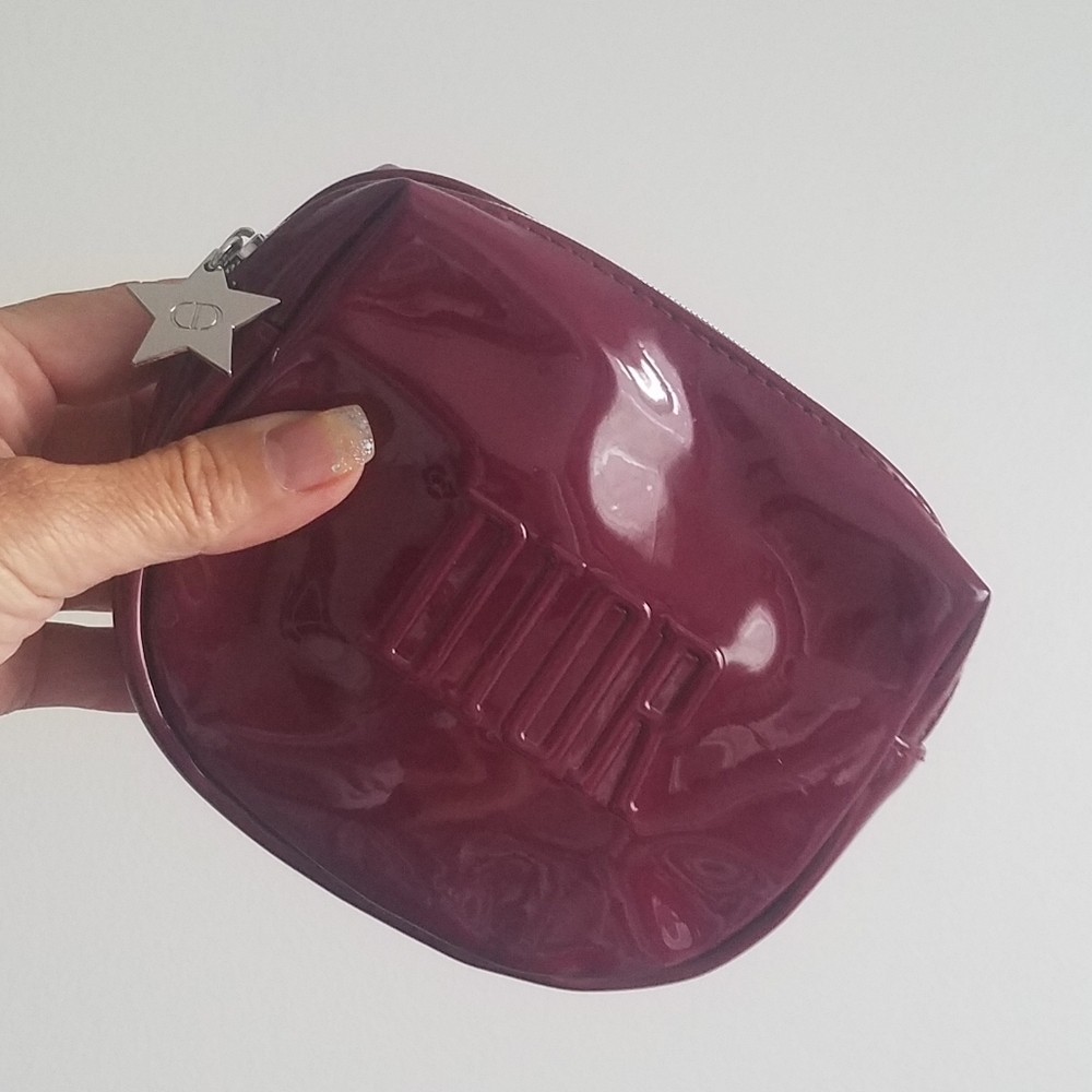 Dior Glossy Burgundy Plum Cosmetic Clutch Bag With Star Zip Charm